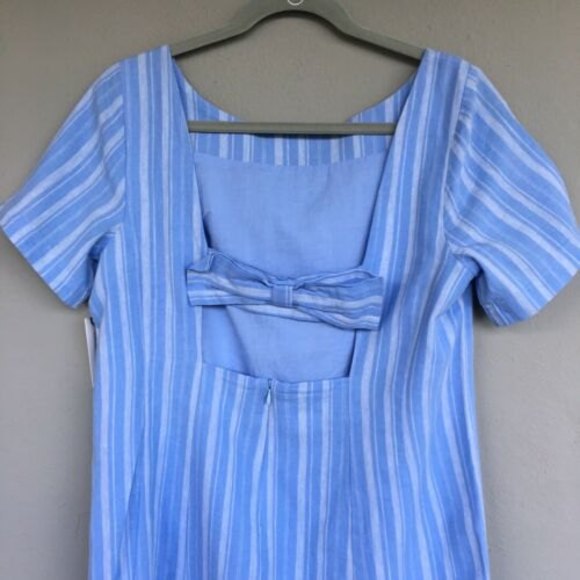 Anthropologie Linen Blend Striped Mini Shift Dress Size 12 Back Bow Zip Lined Bl - Picture 6 of 12